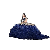 Luxurious Gold Embellishment Lace Ball Gown Ruffles Quinceanera Evening Dresses Sweet 16 Off Shoulder