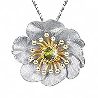 Lotus Fun S925 Sterling Silver Natural Gemstone Pendant Necklace Blooming Anemone Flower Pendant with Necklaces Chain Length 17 Inches Handmade Jewellery for Women