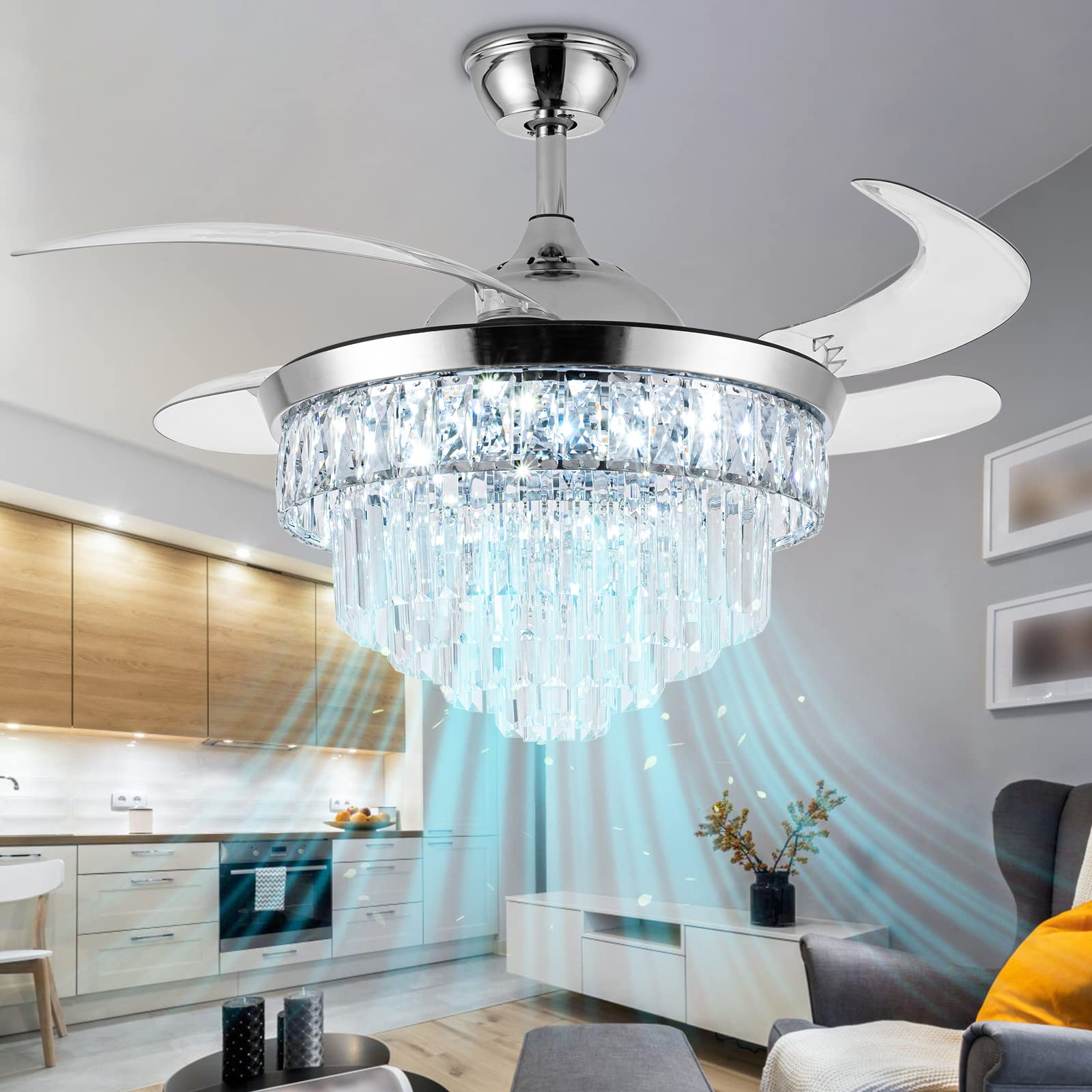 SHINLEYPACK Crystal Ceiling Fan with Light,42 Inch Dimmable Crystal Fandelier, Modern Retractable Ceiling Fan 6 Speeds Indoor Chandelier Fan for Bedroom Living Room Dining Room