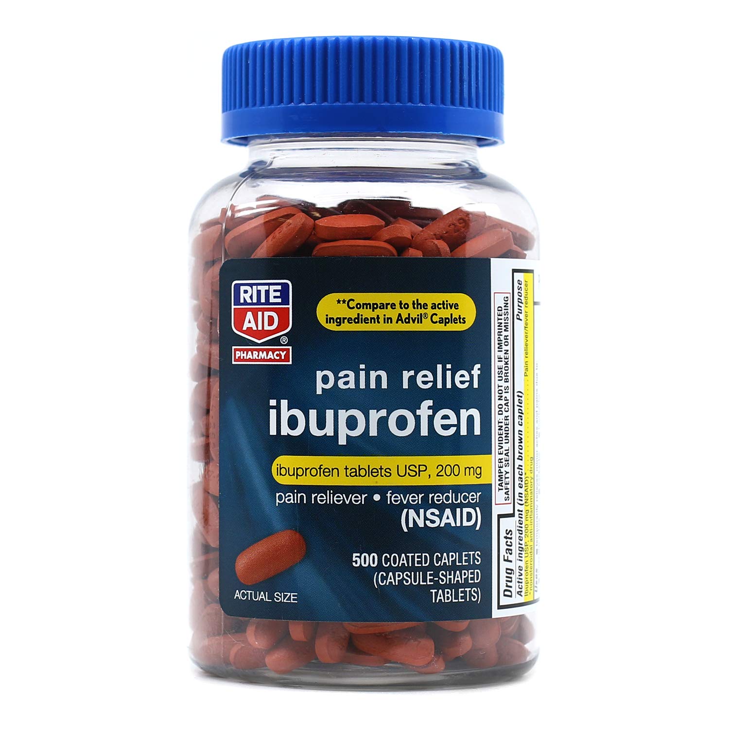 Rite Aid Pharmacy Ibuprofen 200 mg - 500 Coated Brown Caplets - Pain Reliever and Fever Reducer - Migraine Relief - Back Pain Relief - Arthritis Pain Relief Pills - Pain Killer