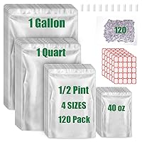 120 Mylar Bags for Food Storage with Oxygen Absorbers 120 x 300cc, Mylar Bags 9 Mil 1 Gallon, 1 Quart, 1/2 Pint, 40 Oz, Stand-Up Zipper Resealable Bags & Heat Sealable Food Storage Bags + Labels