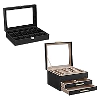 SONGMICS 3-Layer Jewelry Box and 12-Slot Watch Box Bundle, Jewelry Organizer with Glass Lid, Removable Watch Pillows, for Big and Small Jewelry,Graphite Black and Gold UJBC239B03 and UJWB012B01