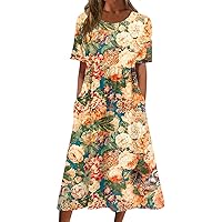 Summer Dress Women Retro Bohemian A-Line Dress Round Neck Short Sleeve High Waist Flowy Sunflower Print Sundress