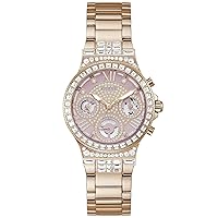 GUESS Ladies Sport Multifunction Glitz with Crystals 36mm Watch – Pink Dial Rose Gold-Tone Stainless Steel Case & Bracelet