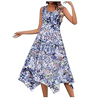 Dresses for Women 2024 Casual Summer Vacation Sleeveless Tank Sundresses Floral Print Irregular Hem Beach Dress with Pockets