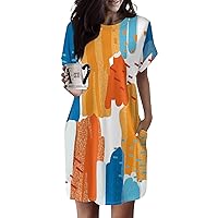 Women’S Casual Summer T Shirt Dresses 2024 Loose Fit Short Sleeve Tunic Dress Crewneck Printed Dresses with Pocket for Women