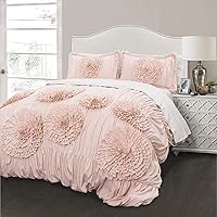 Lush Decor Serena Comforter Set, 3 Piece Set, King, Blush - Ruched Ruffled Flower Design - Romantic Ruffle Bedding Set - Vintage Glam & Farmhouse Bedroom Decor