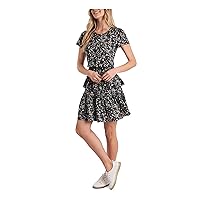 CeCe Womens Gray Stretch Ruffled Tiered Pull-on Style Floral Short Sleeve Crew Neck Short Fit + Flare Dress XL