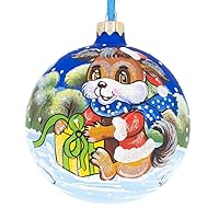 Baby Fox Unwrapping a Surprise - Blown Glass Ball Christmas Ornament 4 Inches