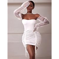 Women's Dresses Sheer Mesh Bell Sleeve Ruched Drawstring Knot Bodycon Dress Dress for Women Xinbalove (Color : White, Size : X-Small)