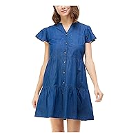 Womens Blue Chambray Flutter Sleeve Split Short A-Line Dress Juniors XXS