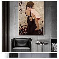 HOLEILUCK Gustav Klimt Prints a Mother Holding a Child Painting on Canvas Home Decor Canvas Wall Art for Living Room 75x125cm/30x49inch With-Golden-Frame Ready to Hang