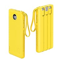 VRURC Portable Charger with Built-in Cables, 10000mAh LED Display USB C Power Bank, Slim Travel Battery Pack with 5 Output 2 Input Compatible with iPhone,Samsung,Android etc-Yellow(1 Pack)