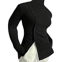 Women's Plus Size Long Sleeve Tops Turtleneck Ribbed Knit T Shirt Plain Slit Hem Knit Tops