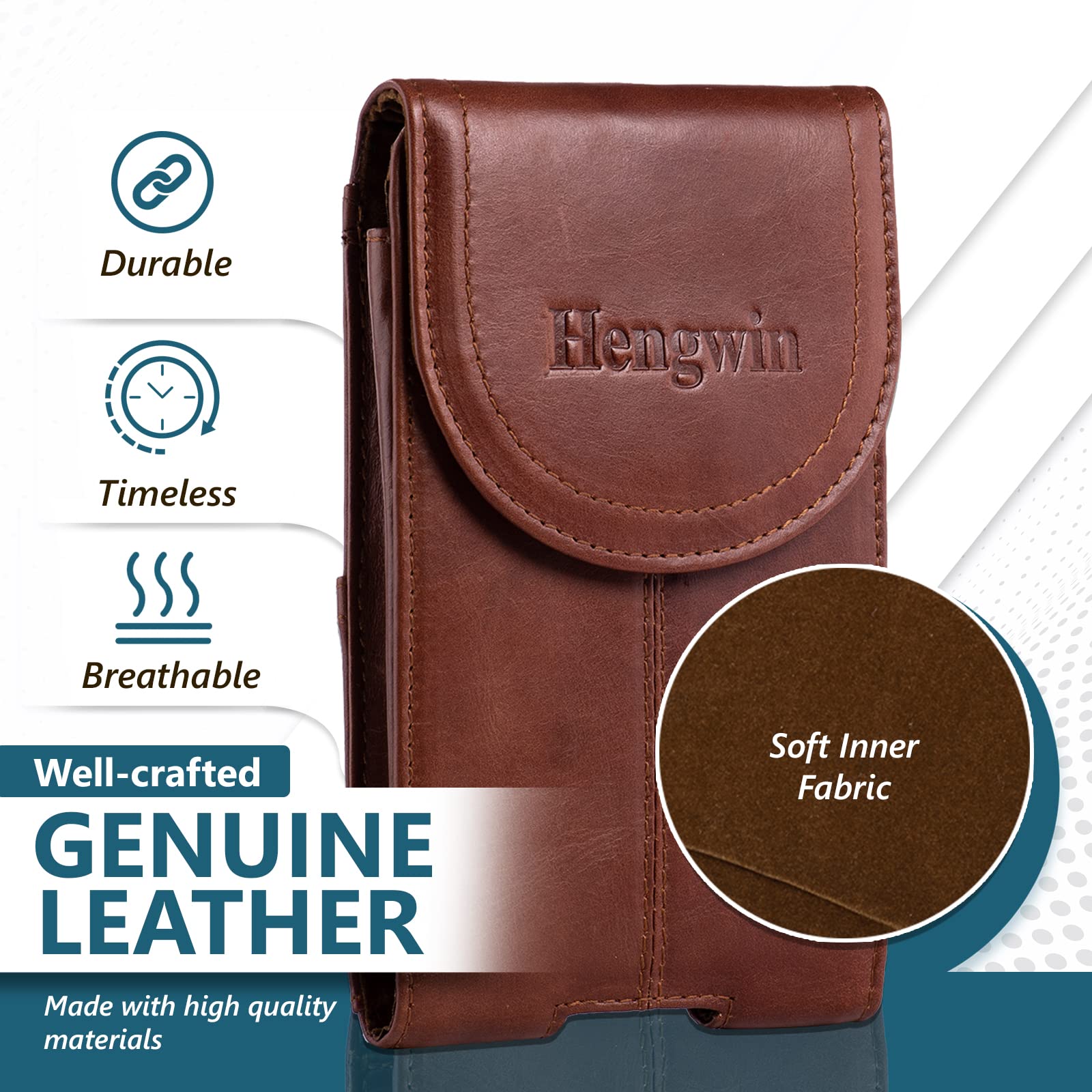Hengwin Genuine Leather Phone Holster for iPhone 14 Pro Max Samsung Galaxy S22 Ultra S23 Ultra Note 20 Ultra A13 A42 A12 Belt Case with Belt Clip Loop Holder Pouch for 6.2-6.58 inches Phones (Brown)