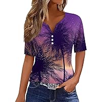 Womens Tops Summer,Womens Short Sleeve Tops Vintage V Neck Button Boho Tops for Women Going Out Tops for Women