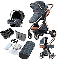 3 in 1 Baby Travel System, Reversible Baby Stroller, Pushchair Luxury Baby High Landscape Pram, Portable Standard Pram Buggy, Foldable Baby Carriage for Newborn Toddler (UDV9-BLUE with Base)