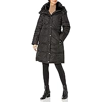 LONDON FOG Women's Chevron Coat with Faux Fur Trimmed Hood