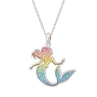 Disney Jewelry for Women, Little Mermaid Ariel Silver Plated Necklaces, Pink Plated Pendants, Crystal, Glitter Accents, 18