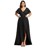 Ever-Pretty Plus Women's V Neck A Line Ruffle Sleeve High Low Glitter Curve Wedding Guest Dresses