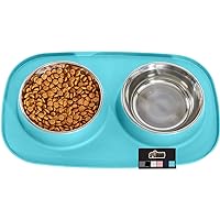 Gorilla Grip 100% Waterproof BPA Free Cat and Dog Bowls Silicone Feeding Mat Set, Stainless Steel Bowl Slip Resistant Raised Edges, Catch Water, Food Mess, No Spills, Pet Accessories, 2 Cup, Turquoise