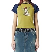 Short Sleeve Baby Tees for Women Graphic and Letter E Girl Crop Tops Vintage Grunge Slim Fit T-Shirt for Teen Girl (Grass Yellow, L)