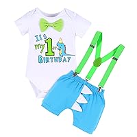 IMEKIS Baby Boys Dinosaur 1st Birthday Outfit Cake Smash Bowtie Romper + Shorts + Suspenders 3PCS Clothes Set for Photo Shoot