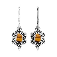 Natural Gemstone Drop and Dangle Tiger's Eye 925 Sterling Silver Earrings for Women | Birthday or Mother's Day Gift for Mom