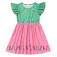 Toddler Girls Back to School Dress Flutter Sleeve Casual Pencil/Letter/Apple Ruffle Kids Summer Holiday Sundress