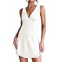 ZESICA Women's 2024 Summer Satin V Neck Sleeveless Backless Tie Waist Silky Cocktail Club Party Mini Dress