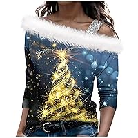 Women's Christmas Tops Autumn and Winter Long Sleeved Single Shoulder Strap Print Pullover Top Shirts, S-3XL