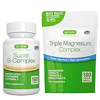 Super B-Complex 180 Tablets + Triple Magnesium Complex 180 Tablets Vegan Bundle, Methylated Sustained Release B Complex + High Absorption Chelated Magnesium Glycinate, Taurate & Citrate, by Igennus