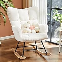 Nursery Rocking Chair with High Backrest and Comfy Padded Seat, Nursing Glider Recliner Chairs Teddy Upholstered Modern Rocker Accent Armchair for Nursery, Living Room and Bedroom, Beige