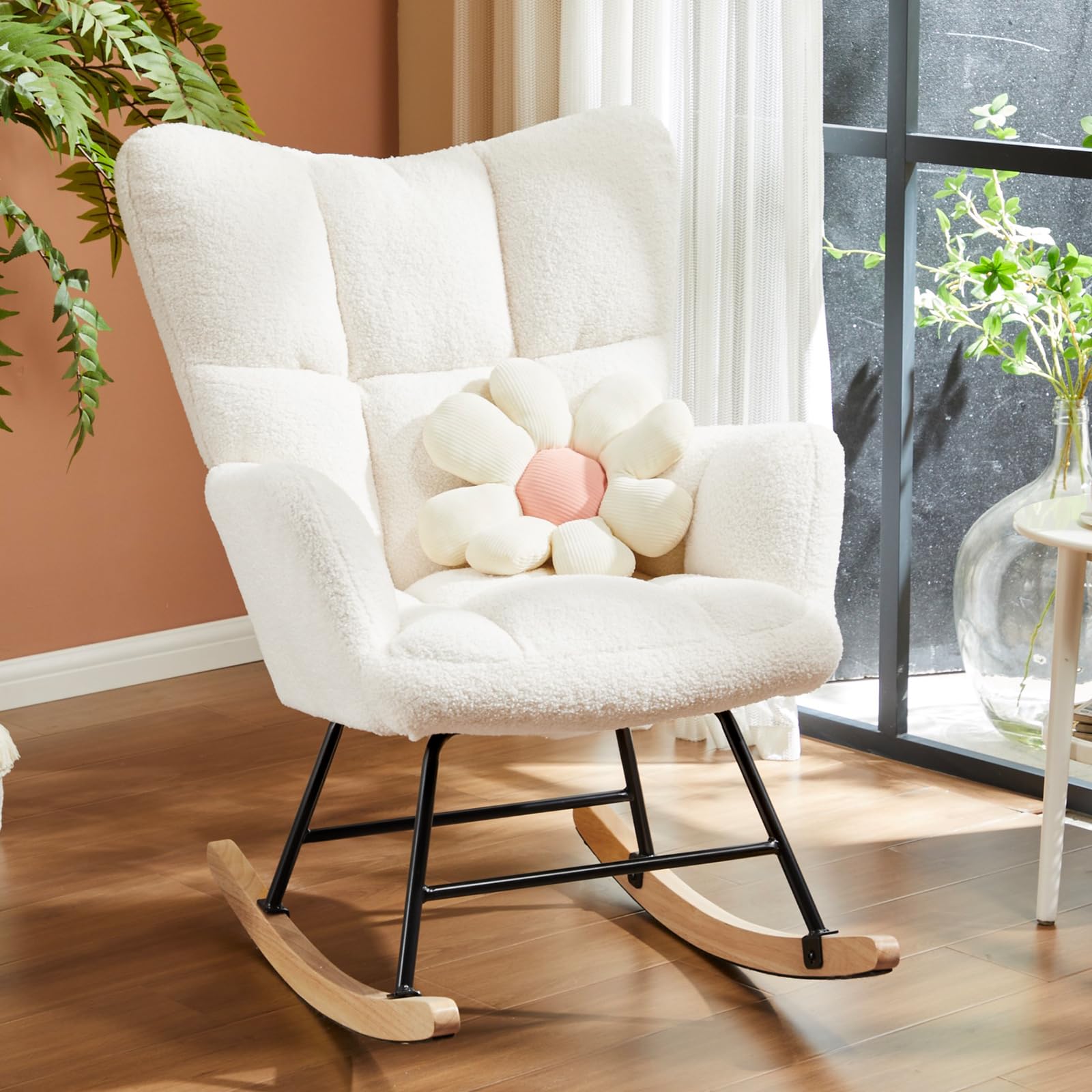 NEWBULIG Nursery Rocking Chair Teddy Upholstered Glider Rocker Chair Nursing Armchair with High Backrest Modern Rocking Accent Chairs for Nursery Bedroom Living Room, Beige