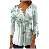 Womens Tunic Tops 3/4 Bell Sleeve V Neck Henley Shirts Summer Casual Button Up Blouse Loose Fit Hide Belly Shirt for Leggings