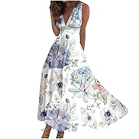 Maxi Dresses for Women 2024,Elegant Wrap V Neck Sleeveless Summer Sundresses Trendy Boho Floral Flowy Beach Dress