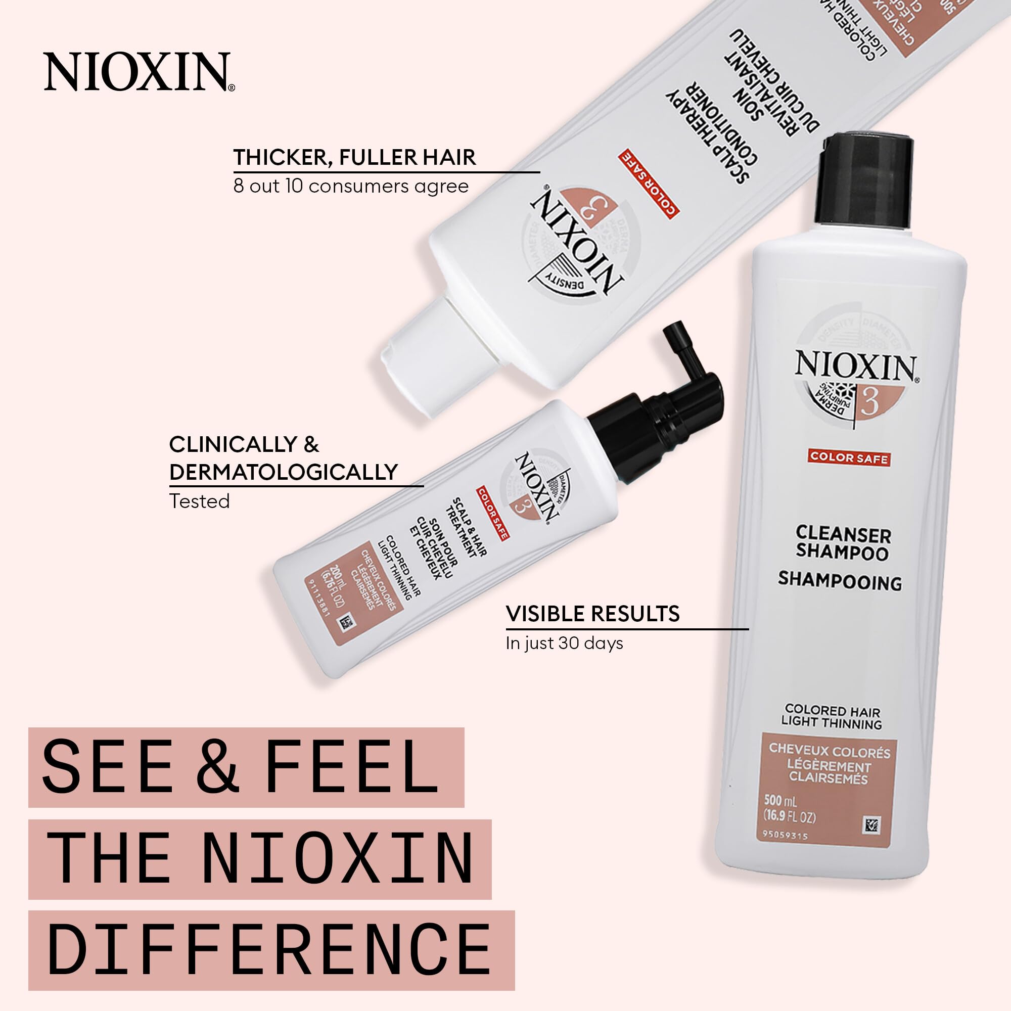 Nioxin System Kit 3, Hair Strengthening & Thickening Treatment, Treats & Hydrates Sensitive or Dry Scalp, For Color Treated Hair with Light Thinning, Full Size (3 Month Supply)
