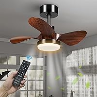 25'' Small Room Ceiling Fan with Light, 3-Blade Modern Low Profile Dimmable Ceiling Fan with Light and Remote, Reversible DC Fan Light Indoor Outdoor for Kitchen, Bedroom and Dining Room, Walnut-Color