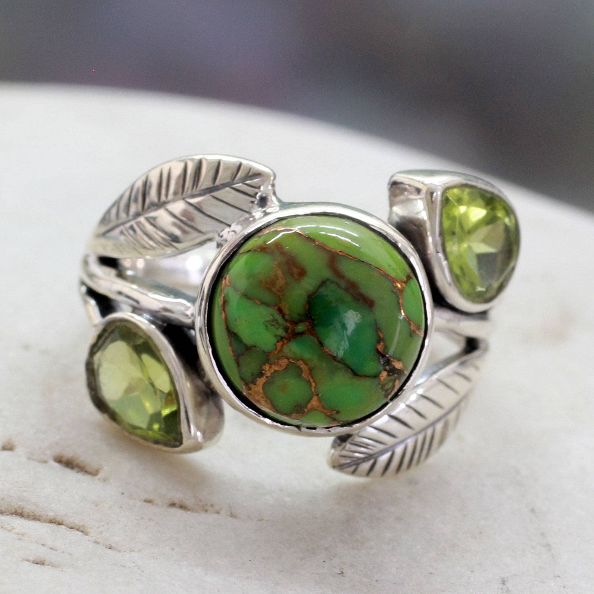 NOVICA Composite Green and Golden Turquoise .925 Sterling Silver Ring, Green Ivy'