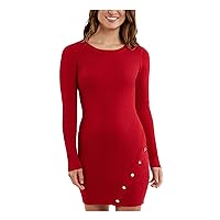 Womens Red Knit Ribbed Button Trim Pullover Long Sleeve Round Neck Short Cocktail Body Con Dress L