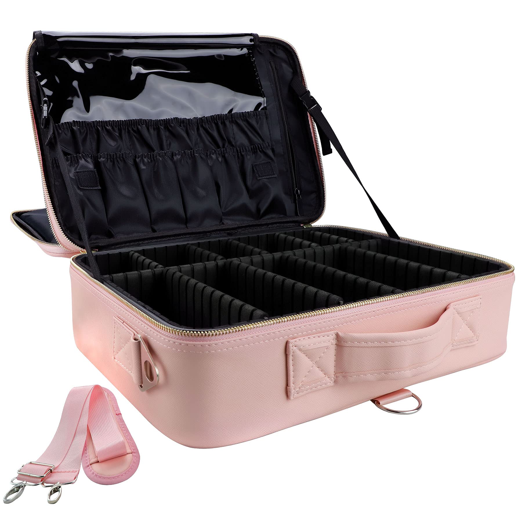 OEWOER PU Leather Professional Makeup Bag 16 Inches Travel Makeup Case Large Cosmetic Train Case Sets Cosmetic Organizer Box with Adjustable Strap ...