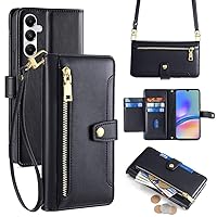 Crossbody Flip Wallet Phone Case Cover for Galaxy S23 FE 5G with Card Holder Kickstand Soft PU Leather Wrist Shoulder Strap Compatible with Samsung Galaxy S23 FE 5G for Women Men Black