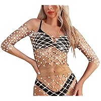 LUCKELF Womens Long Sleeve Tops Fishnet Crop Top Sparkle Rhinestone Fishnets See Through Shirt Teddy Off The Shoulder