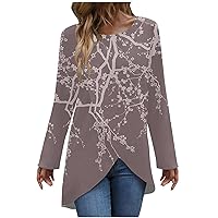Workout Tops for Women,Long Sleeve Tee Shirts Round Neck Blouses Floral Printed Cross Hem Tops Work Pullover