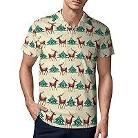 Reindeer and Pine Tree Men Polo Shirt Short Sleeve Golf Polo Shirt Athletic Casual T Shirts