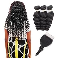 Peruvian Loose Wave 3 Bundles with Closure Unprocessed Virgin Curly Human Hair Bundles with 4x4 Lace Closure Natural Color(18 18 20 with 16)