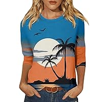 Womens T Shirts Casual Crewneck Comfy Casual T Shirts for Women 3/4 Sleeve Print Classy Tops for Women