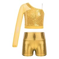 Kids Girls Dance Outfits Sequins Mesh Long Sleeve One Shoulder Crop Top with Gymnastic Shorts Set Tracksuit