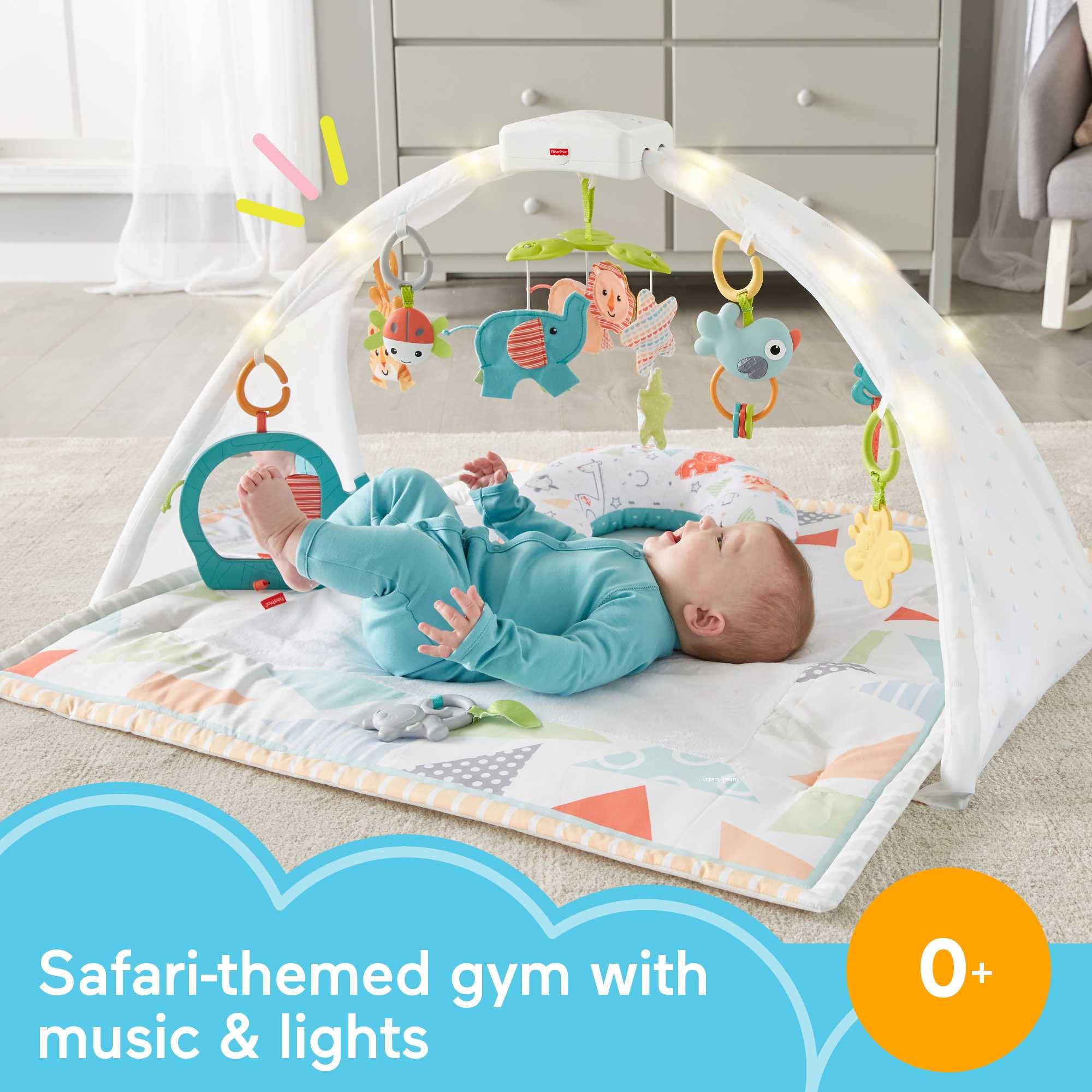 Fisher-Price Safari Music & Lights Gym Tummy Time Playmat with Take-Along Toys for Newborns from Birth and Older