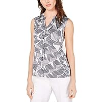 Nine West Womens Sleeveless Jewel Neck 5 Button Front Satin Printed Blouse